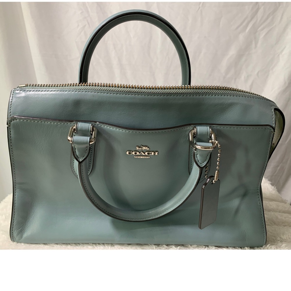 Coach Light Blue Leather Satchel Bag Silver Hardware Top Handle Zip Closure#869 - Picture 2 of 13